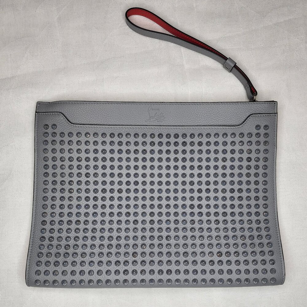 CHRISTIAN LOUBOUTIN Sky Pouch, Gray Leather with Spikes